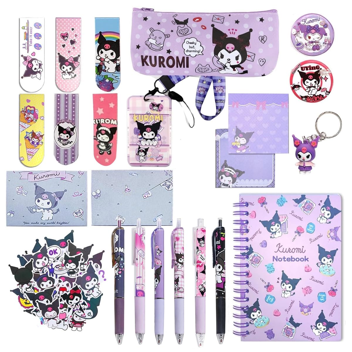 HASTHIP 23Pcs Kawaii Kuromi School Supplies Set, Kawaii Stationeries Set with Notebook Pencil Pouch, Click Pens, Card Holder, Book Markers, 50Pcs Kuromi Stickers, Note Stickers, Girls School Gift Set HASTHIP 23Pcs Kawaii Kuromi School Supplies Set, Kawaii Stationeries Set with Notebook Pencil Pouch, Click Pens, Card Holder, Book Markers, 50Pcs Kuromi Stickers, Note Stickers, Girls School Gift Set